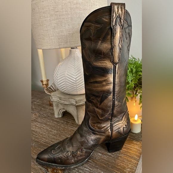 Vintage Dan Post Womens 8.5M Leather Cowboy Boots Snip Toe Metallic Bronze Brown - Picture 6 of 9